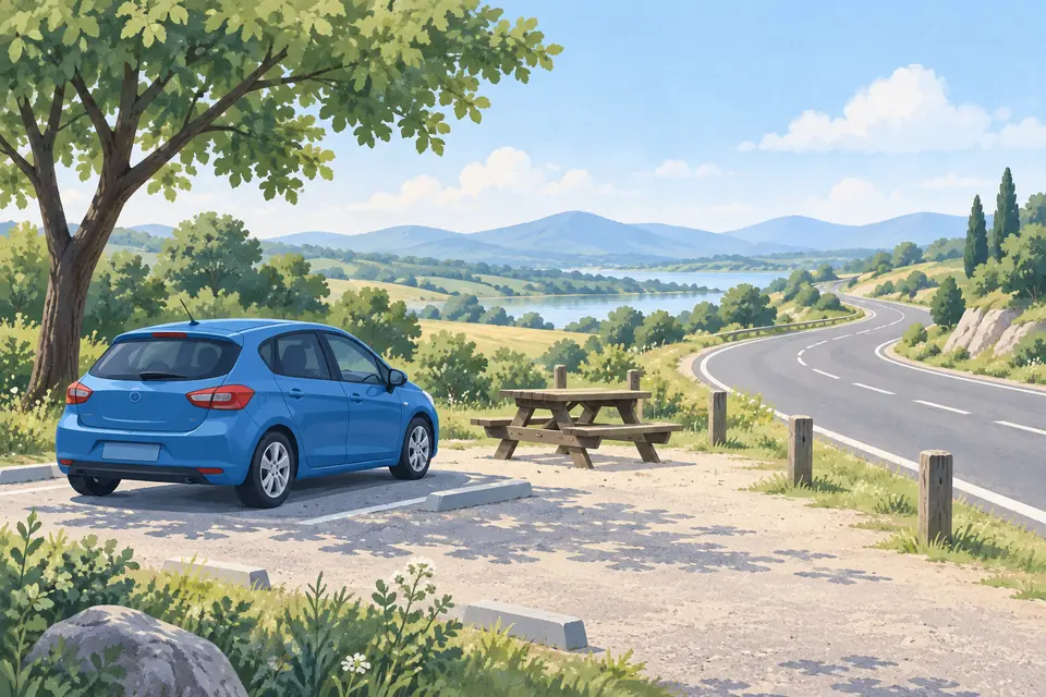 Une voiture bleue est garée près d'une table de pique-nique sur une aire de repos.