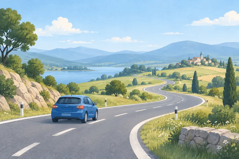 Une voiture bleue parcourt une route à travers la campagne.