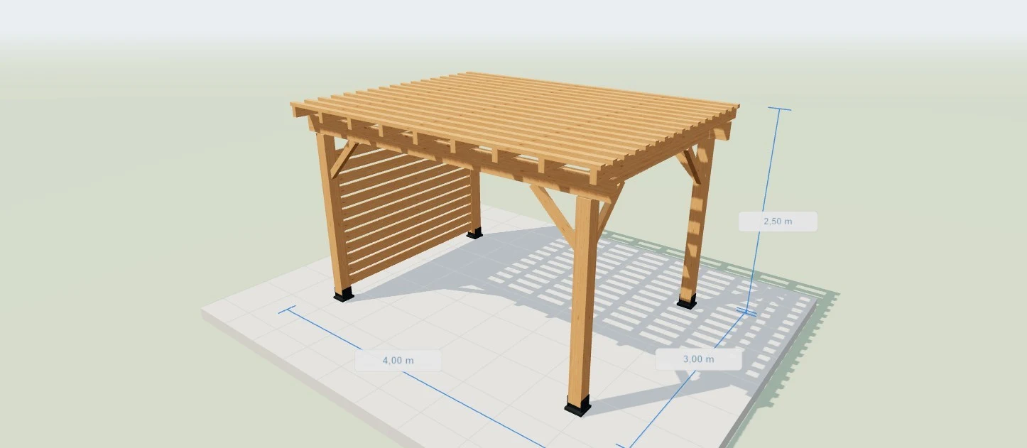 Aperçu 3D du configurateur : pergola en bois de 4 × 3 mètres